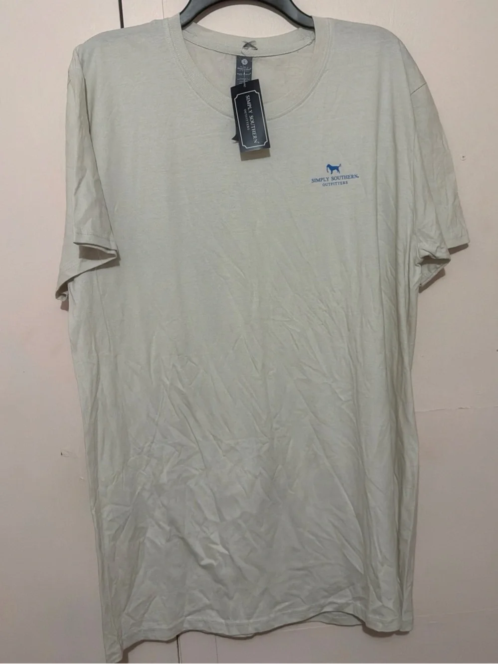 Simply Southern Light Beige Short Sleeve Crewneck Tee with Blue Logo - Picture 1 of 3